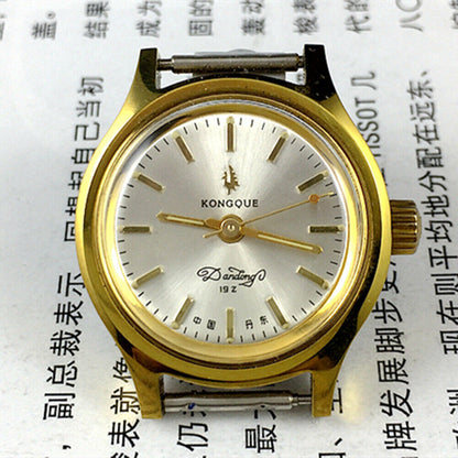 27mm Kongque manual mechanical watch with silver dial, golden nails, 19 jewels, classic Chinese craftsmanship.