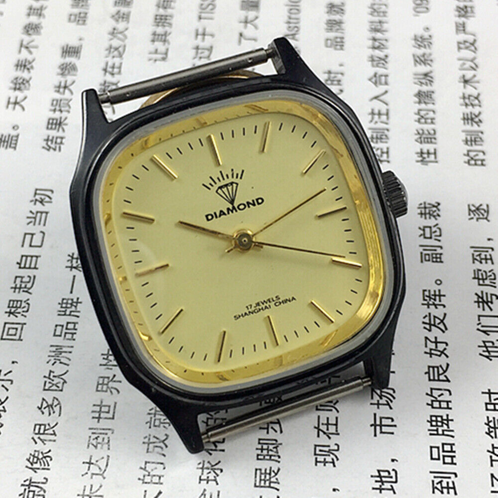 Shanghai 32mm manual mechanical watch with diamond accents, 17 jewels, black square case for elegant style.