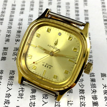 33mm Kongque China Made Manual Mechanical Watch 17 Jews Golden Dial Square Case
