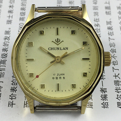32mm China Made Manual Mechanical Watch 17 Jews Yellow Dial Green Lume Hands