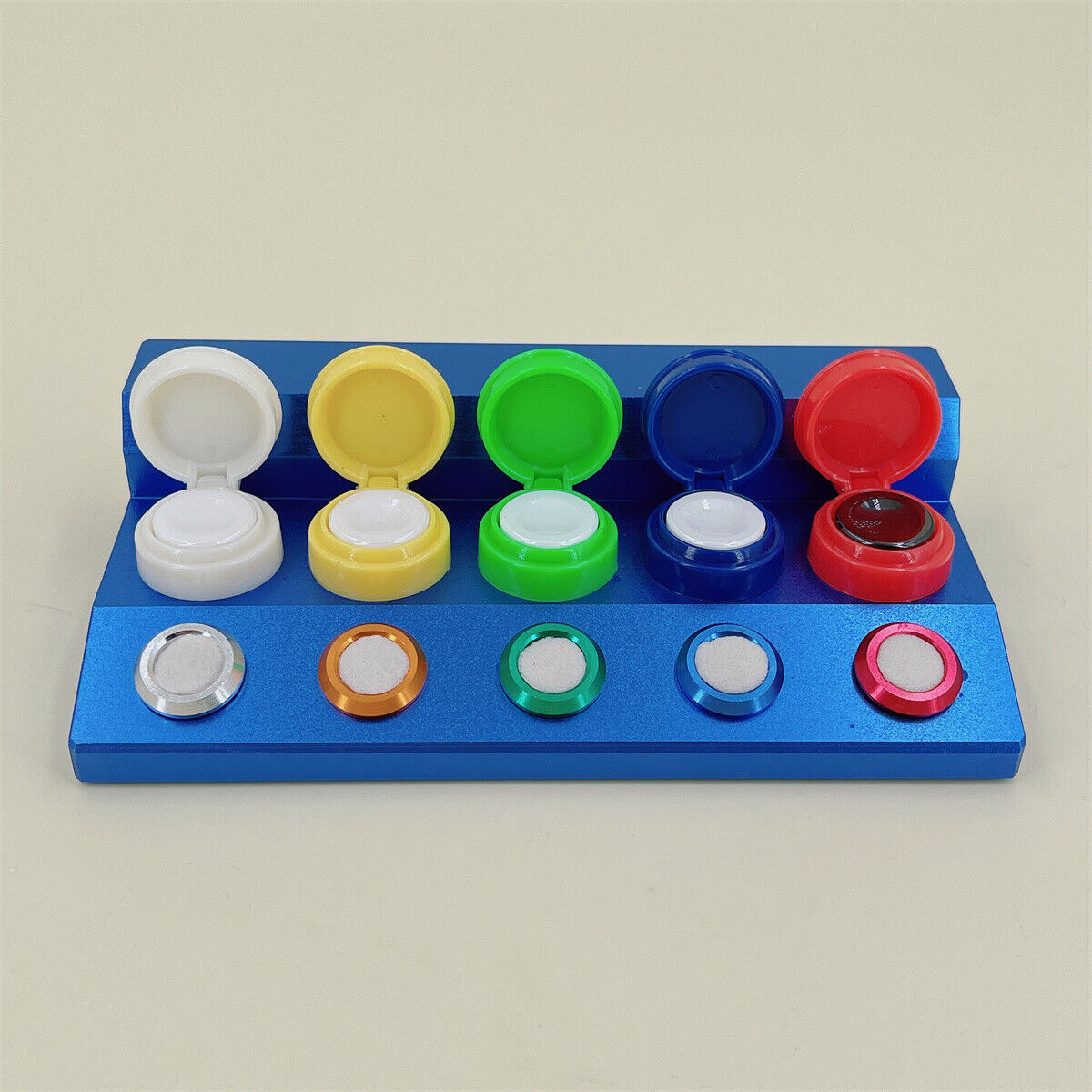Blue die-cast alloy oil cup stand with 5 containers for precise watch repair.