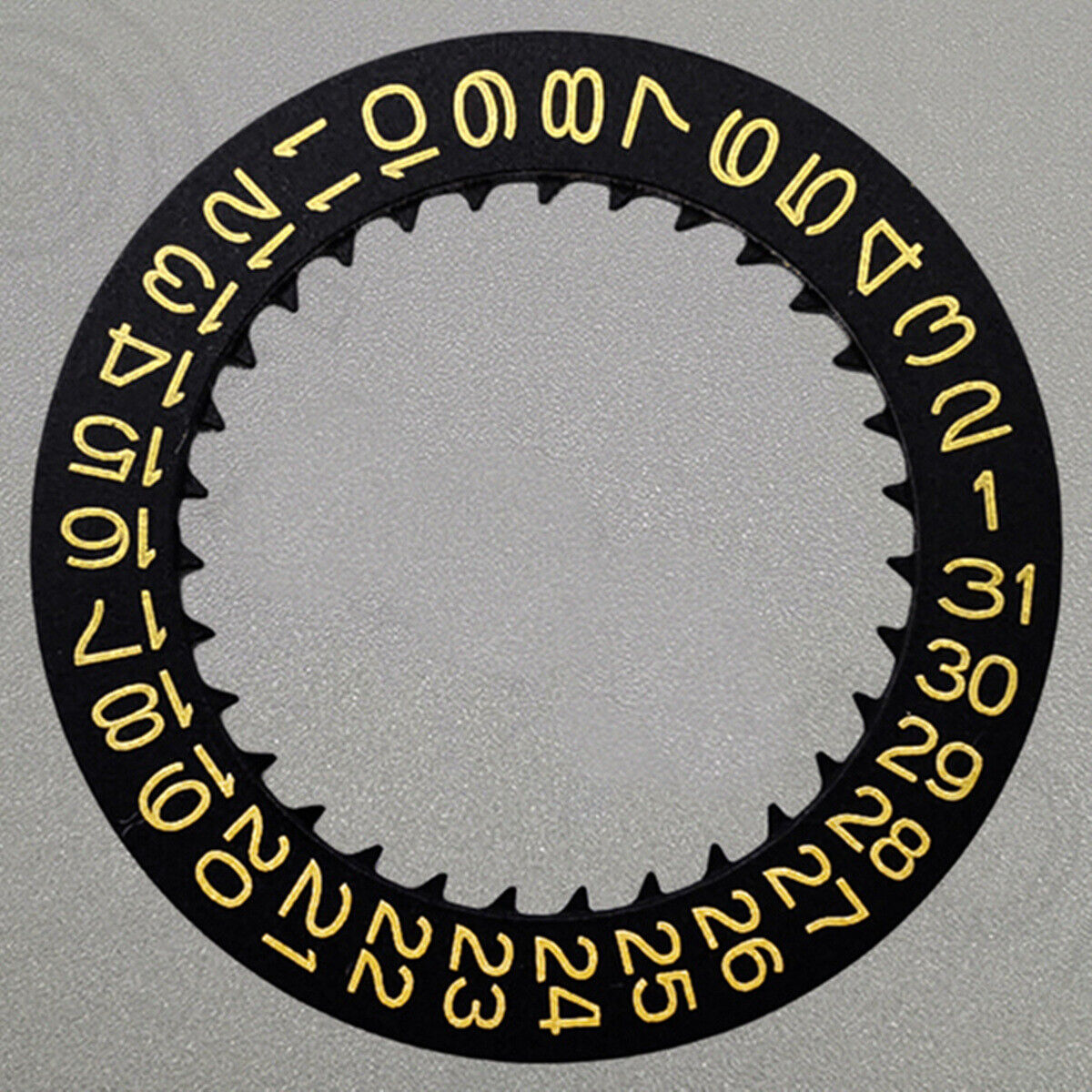 Golden font date disk wheel with black background for NH36 watch movement, date at 3 o'clock.