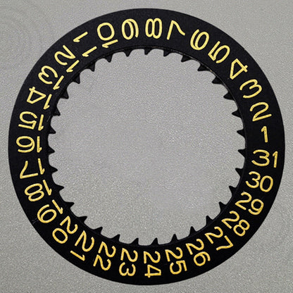 Golden font date disk wheel with black background for NH36 watch movement, date at 3 o'clock.