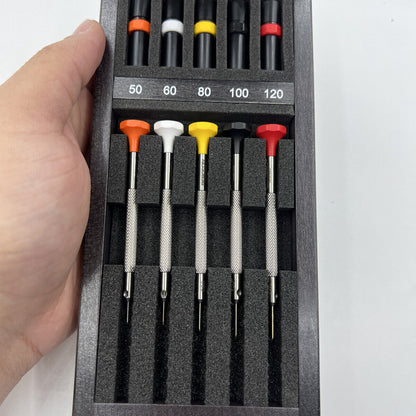 Bergeon 30081-A05 ergonomic watchmakers screwdriver set with 5 precision tools for delicate watch repairs and adjustments.