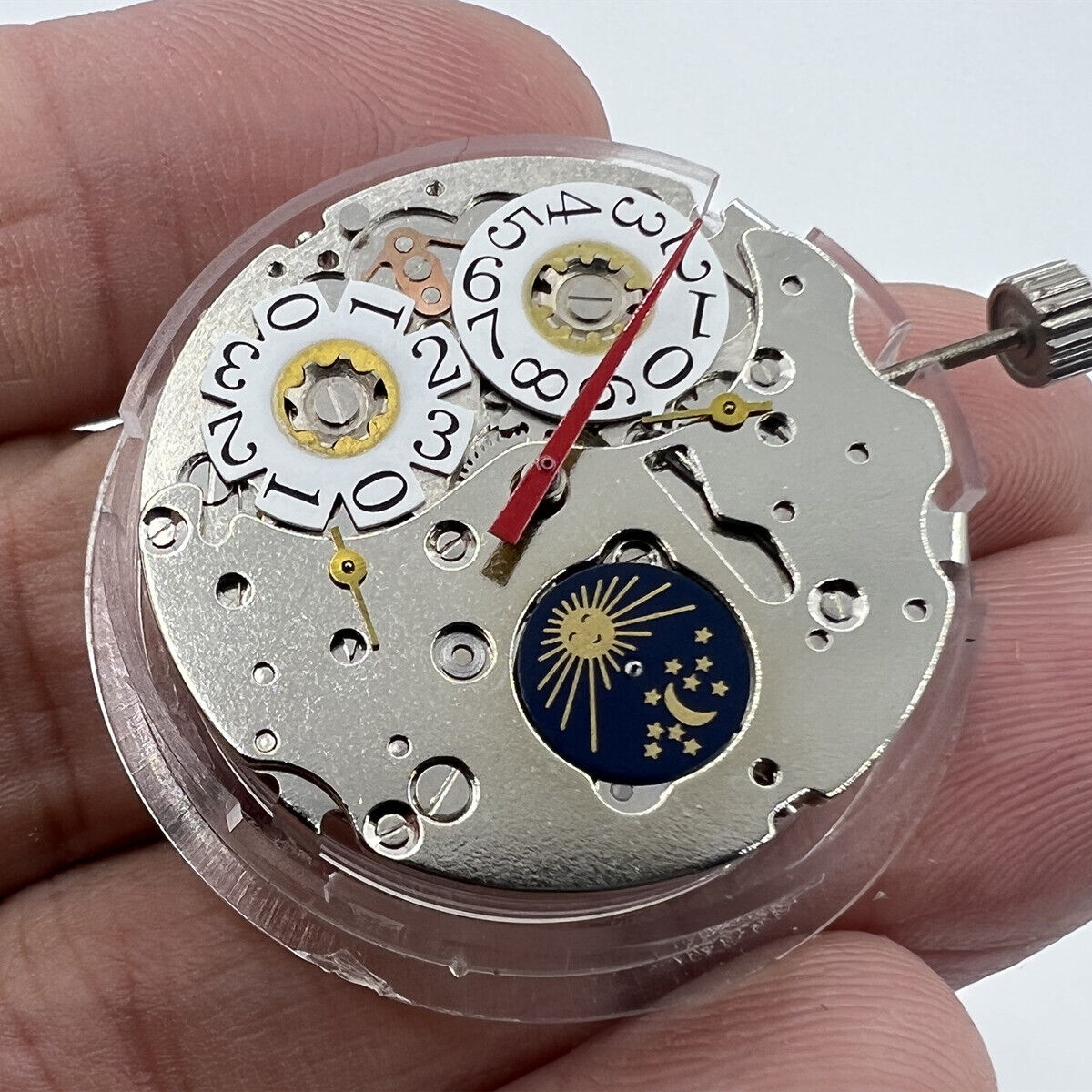 Seagull T16 watch with big date at 12 and moon phase at 6, automatic mechanical movement, China made.