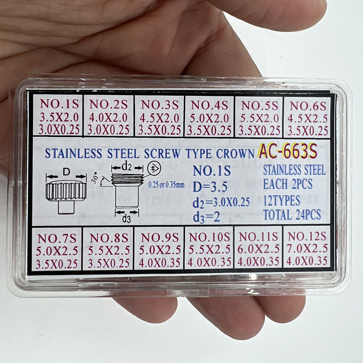 AC-663S stainless steel screw type crowns, 2PCS set, durable watch accessory for secure fit.