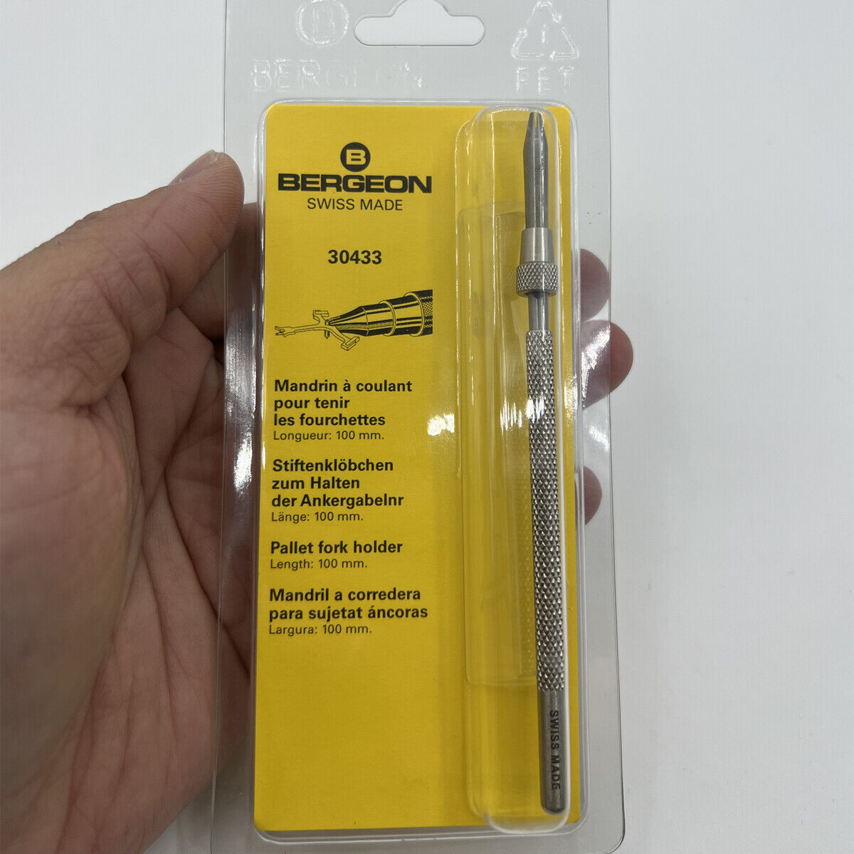 Bergeon 30433 pallet fork holder for precise watchmaker tool adjustments and repairs.