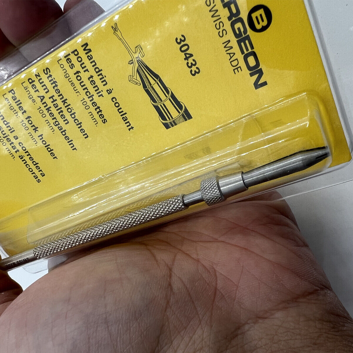 Bergeon 30433 pallet fork holder showcasing precise watchmaker tool for delicate repairs.