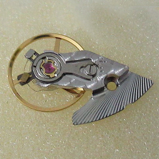 Swiss Made silver watch balance wheel with splint for ETA 2892 movement, precision timing.