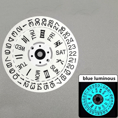 Close-up of Chinese font blue lume date and week wheels for NH36 movement, watch accessory detail.