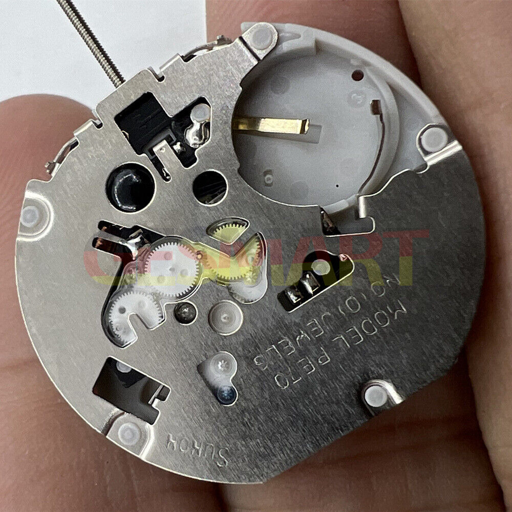 Sunon PE70 quartz watch movement with 3 hands, date at 3, and small seconds at 3, 6, and 9 positions
