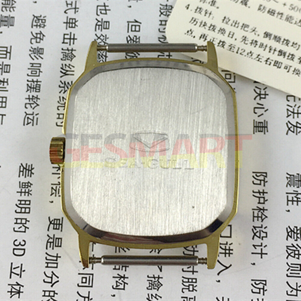 Seagull 28mm ladies watch with golden square case, nail markers, manual mechanical movement, elegant design.