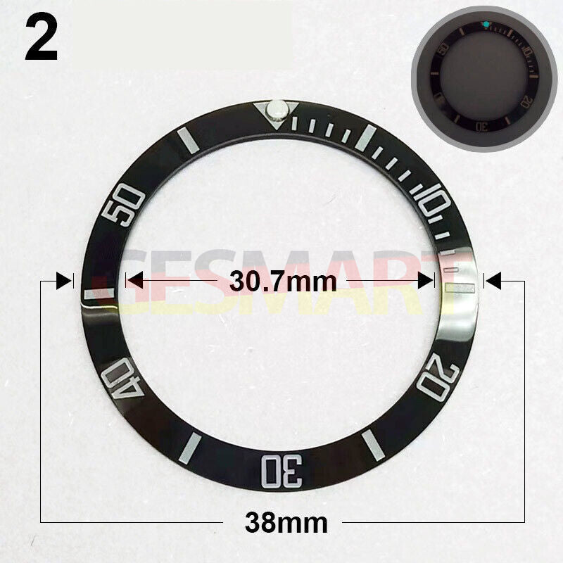 38mm black ceramic watch bezel with silver font and green luminous markers for watch repair.