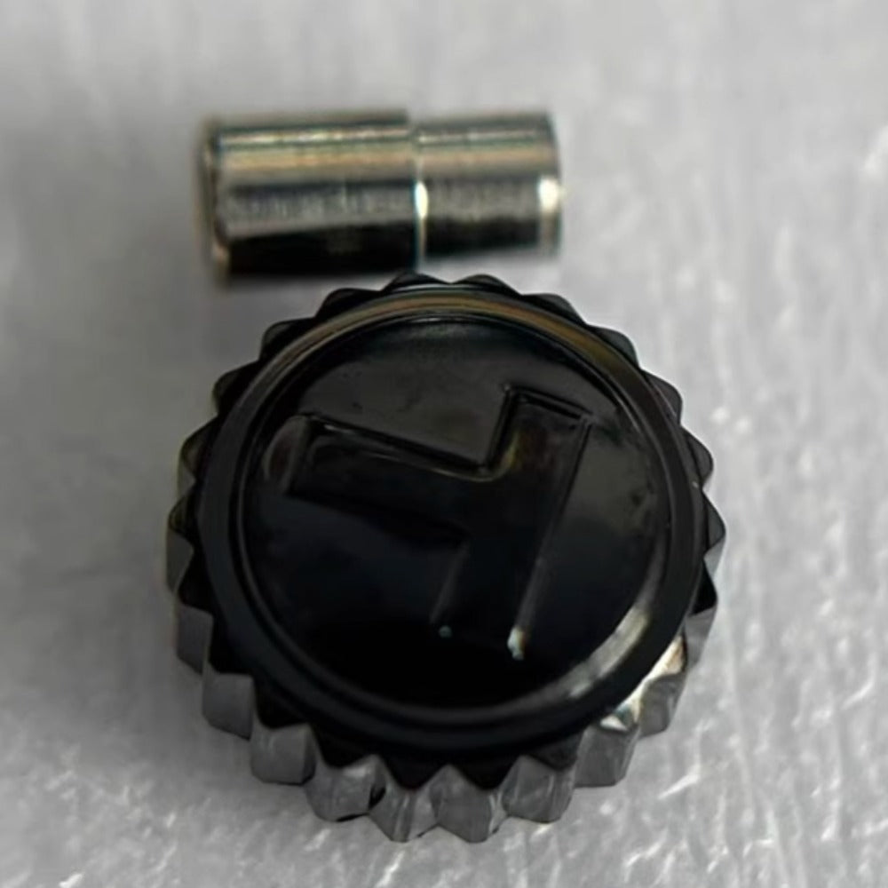 Black steel watch crown for Tissot T106, durable replacement part for watch repair and maintenance.