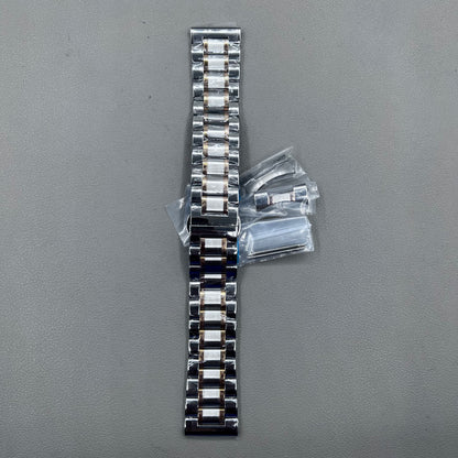 Curved end 12-24mm steel watch band strap in rose gold and silver with butterfly clasp.