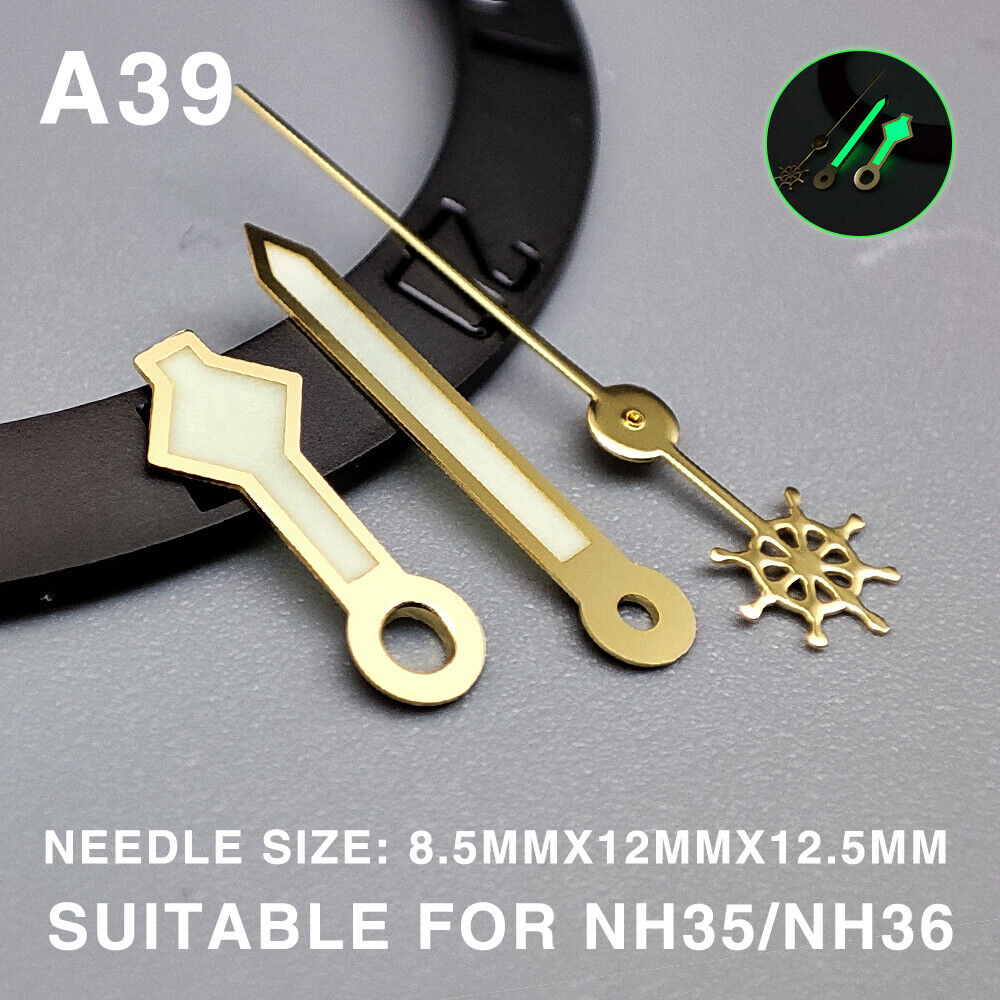 Green lume snowflake-style watch hands with gold trim, compatible with Miyota NH35/36, 4R, 7S, NH38 movements.