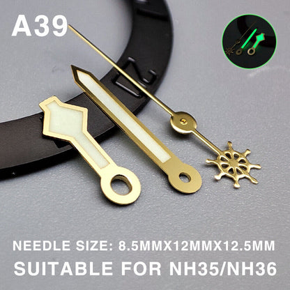 Green lume snowflake-style watch hands with gold trim, compatible with Miyota NH35/36, 4R, 7S, NH38 movements.