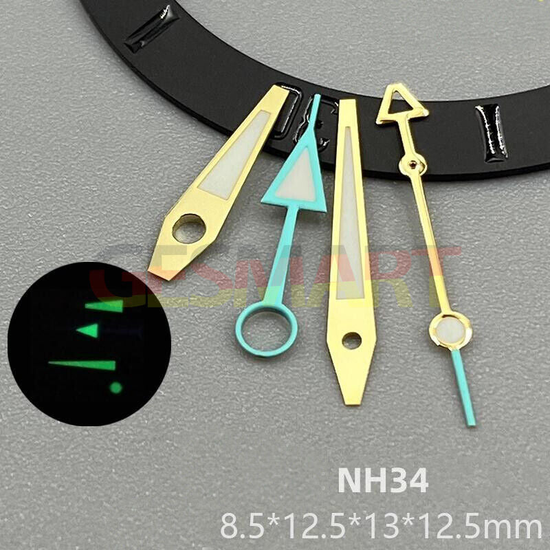 Green luminous golden watch hands with light blue trim for NH34 movement, perfect for precise timepieces.