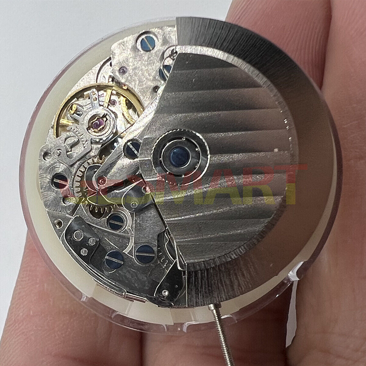 Close-up of Asian 7750 automatic chronograph movement with day-date display at 3 o?clock, showcasing reliable ETA 7750 design details.
