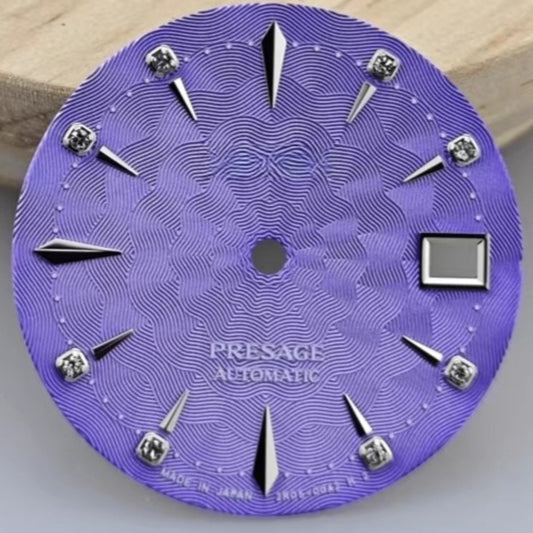 Purple floral pattern watch dial, 29mm, fits NH35 NH36 automatic movements with logo branding.