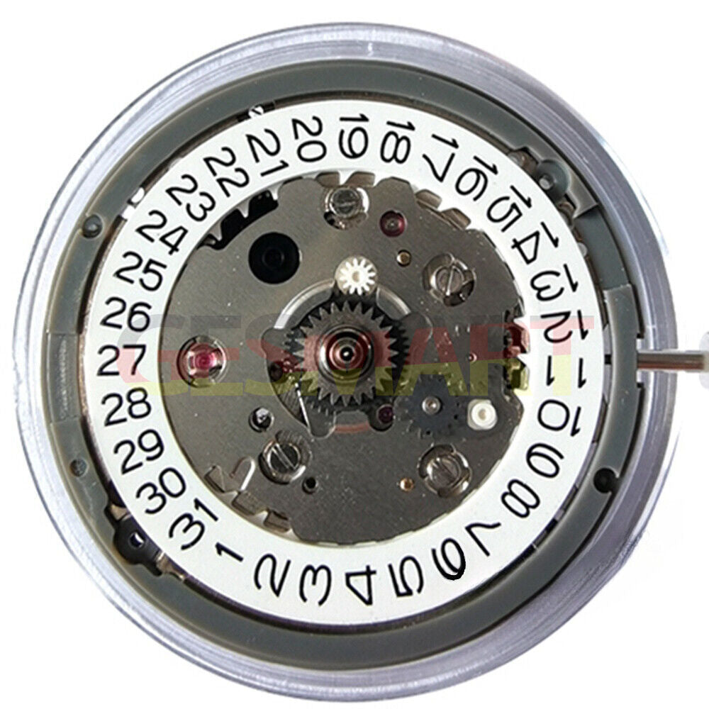 Genuine NH34 automatic GMT watch movement with white dial, date at 9 o'clock, and hacking seconds.