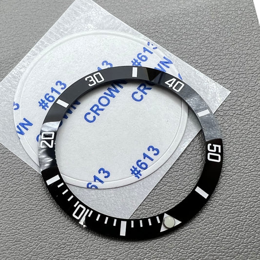 38mm black ceramic GMT bezel insert for SUB watches, dull polished finish.