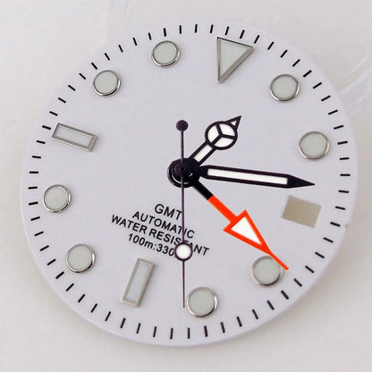 Nologo Sterile 29mm white NH34A watch dial for diver GMT mod, black edge markers, orange hands.