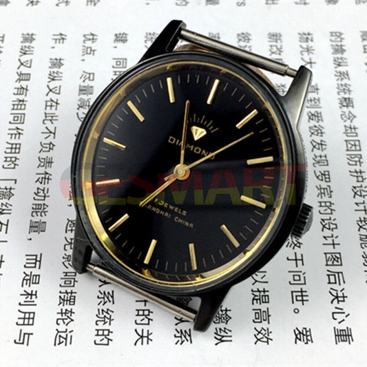 36mm Shanghai Diamond oval manual watch with 17 jewels, black dial, and black case for elegant style.