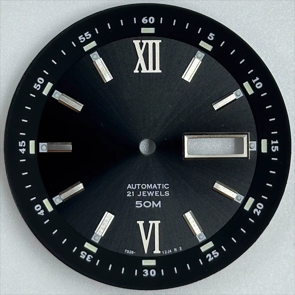 Black 35.8mm Datejust watch dial with silver Roman numerals, modified lume for NH36 movements.