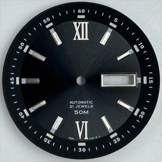 Black 35.8mm Datejust watch dial with silver Roman numerals, modified lume for NH36 movements.