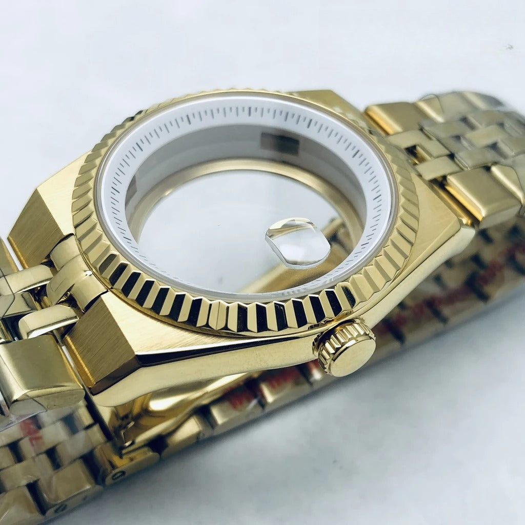 Gold 40mm Land-Dwellwe 904L Watch Case+Strap Sapphire Glass For NH34 NH35 NH36