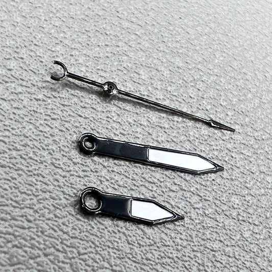 12mm black arrow-shaped watch hands with trim, compatible with Hattori PC32 quartz movement.