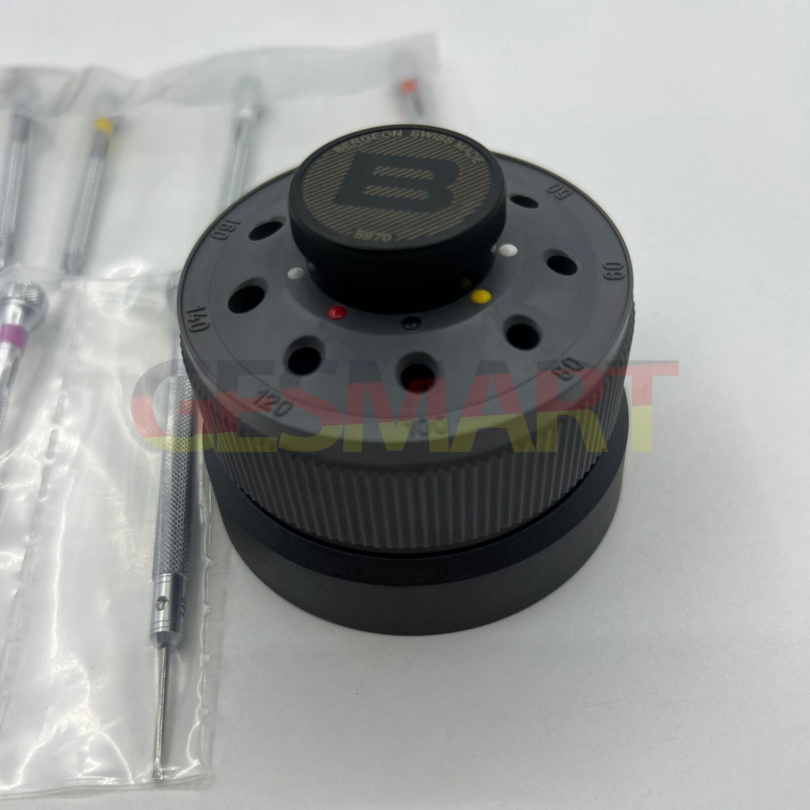 Bergeon 5970 rotating screwdriver set with 9 Swiss precision tools for detailed watch repairs