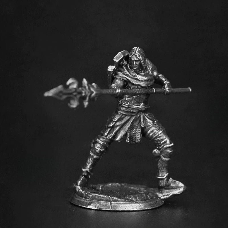 White Brass Figurine Hooded Spearman Miniature - Halberd Warrior Dark Fantasy Figure