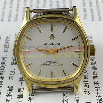 17 Jewels Chinese manual mechanical watch with golden nails, silver dial, shock-resistant design for durability.