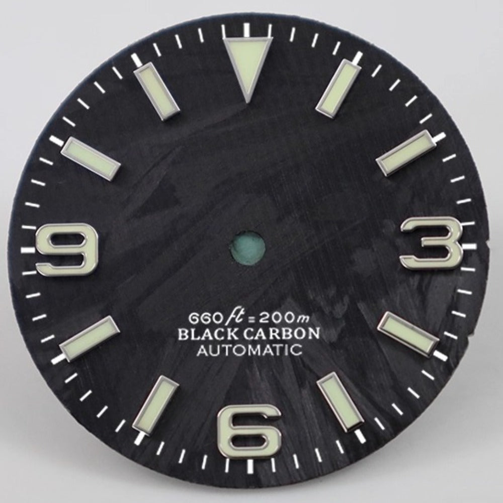 Black Fiber Vein 28.5mm carbon fiber watch dial in Explorer style, fits NH34 NH35 movements.