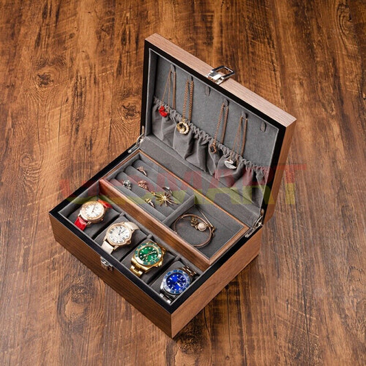 Walnut wood watch box organizer, 4-slot double-layer storage for elegant watch display