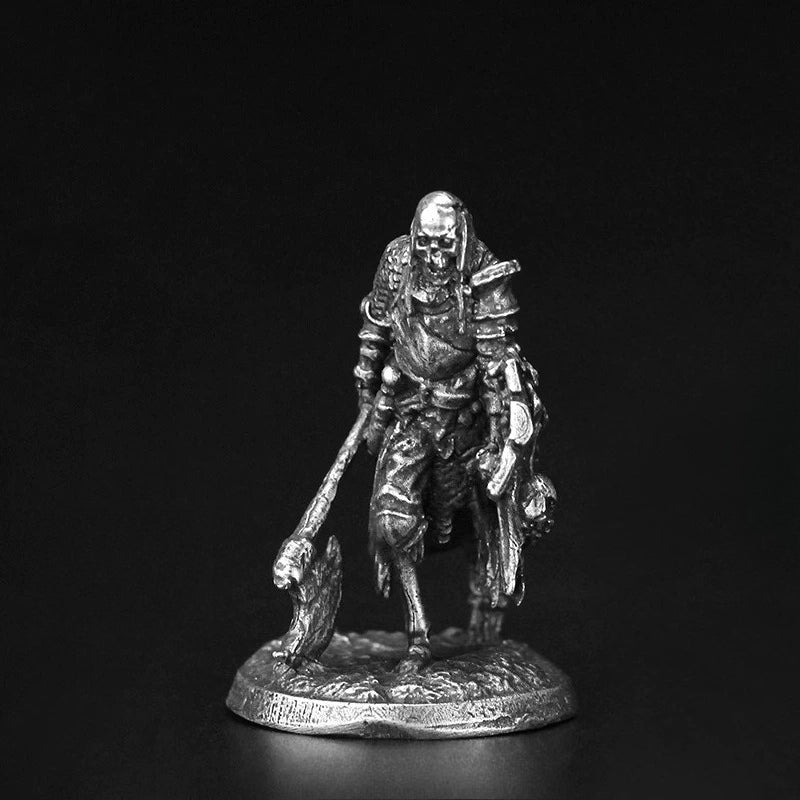 White Brass Figurine Undead Skeleton Warrior Miniature - Axe and Skull Shield Figure