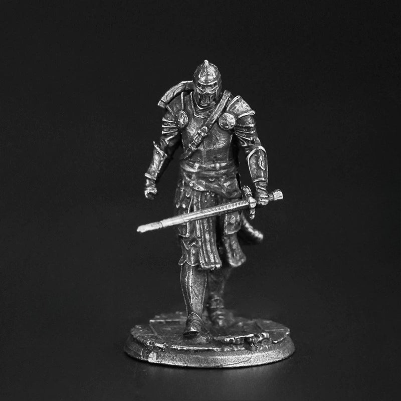 White Brass Figurine Foot Knight Miniature - Greathelm Plate Armor Longsword Figure