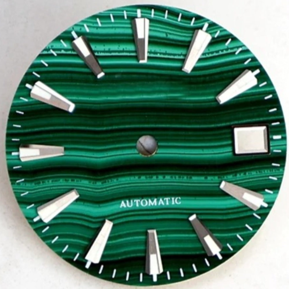Green 28.5mm Malachite watch dial with natural veins, blue lume accents, compatible with NH35 movement, brand-quality.