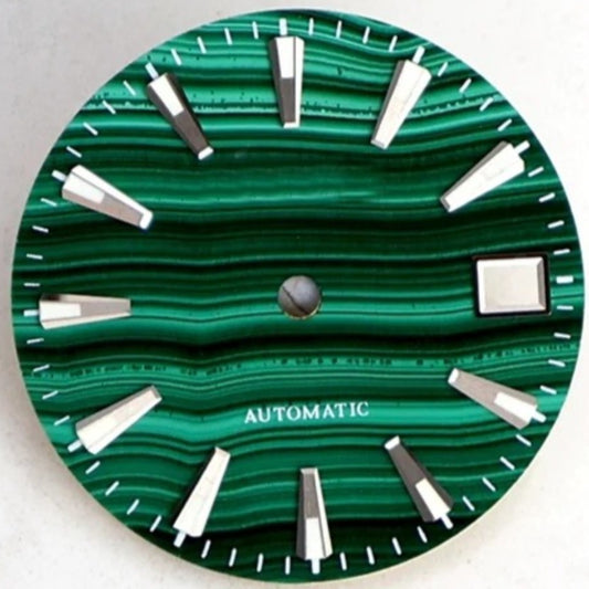 Green 28.5mm Malachite watch dial with natural veins, blue lume accents, compatible with NH35 movement, brand-quality.
