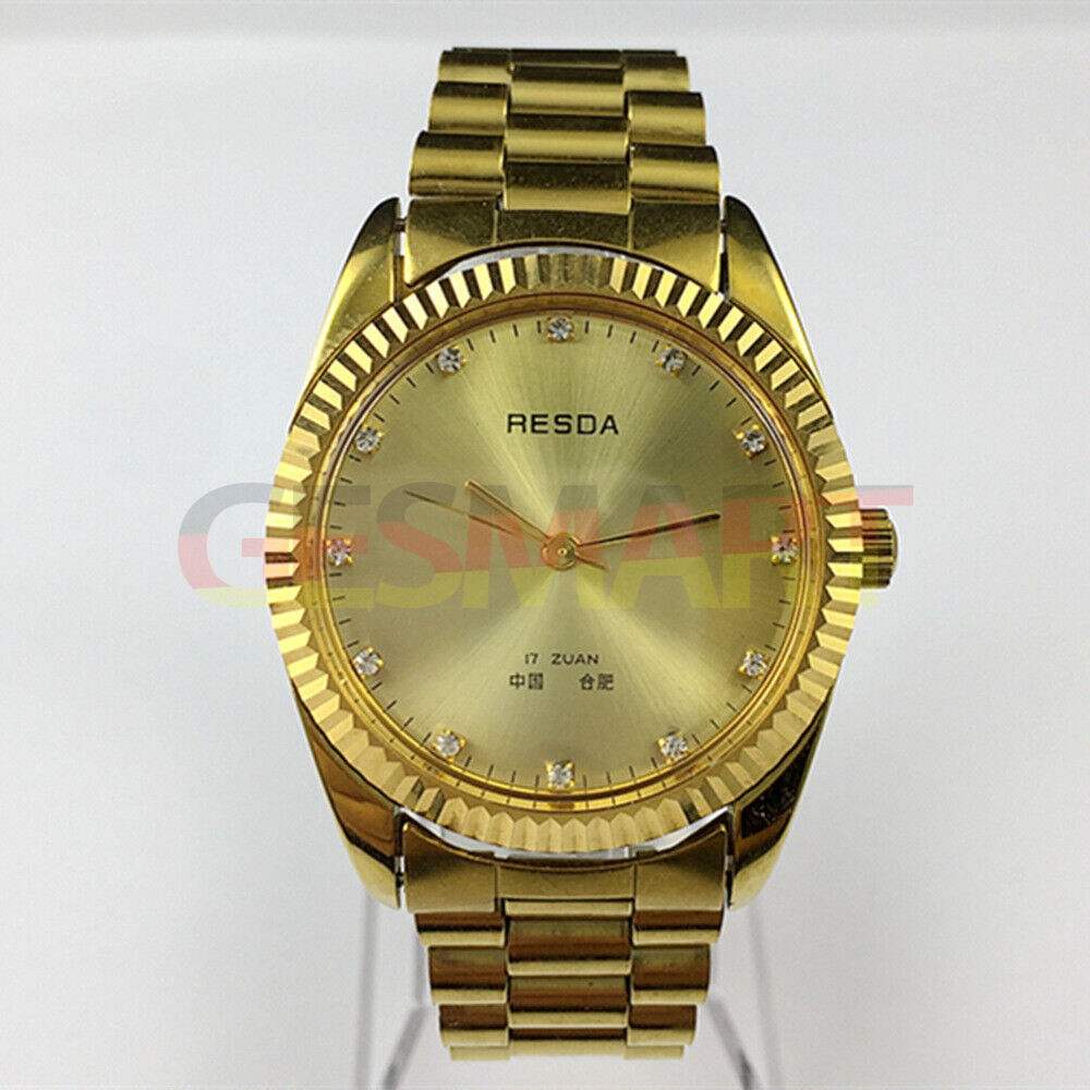 Manual mechanical watch with 17 jewels, golden dial, imitation diamond nails by China Made, classic style.