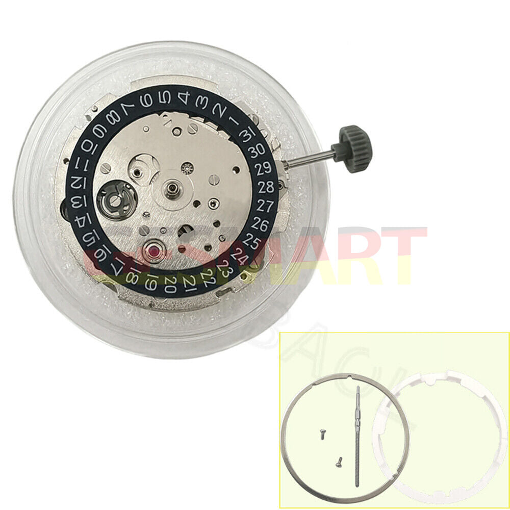 Miyota/Citizen 8215 automatic watch movement with black dial and date at 3, precision Japanese craftsmanship.