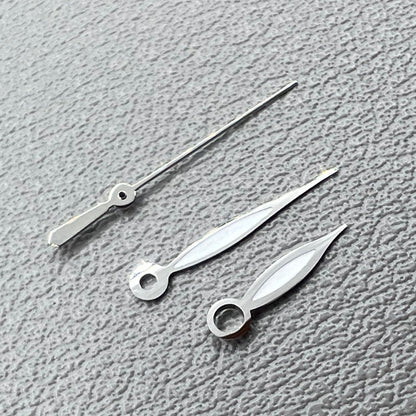 Green lume leaf-shaped watch hands with silver trim, compatible with NH35 NH36 7S26 NH70 NH72 movements.