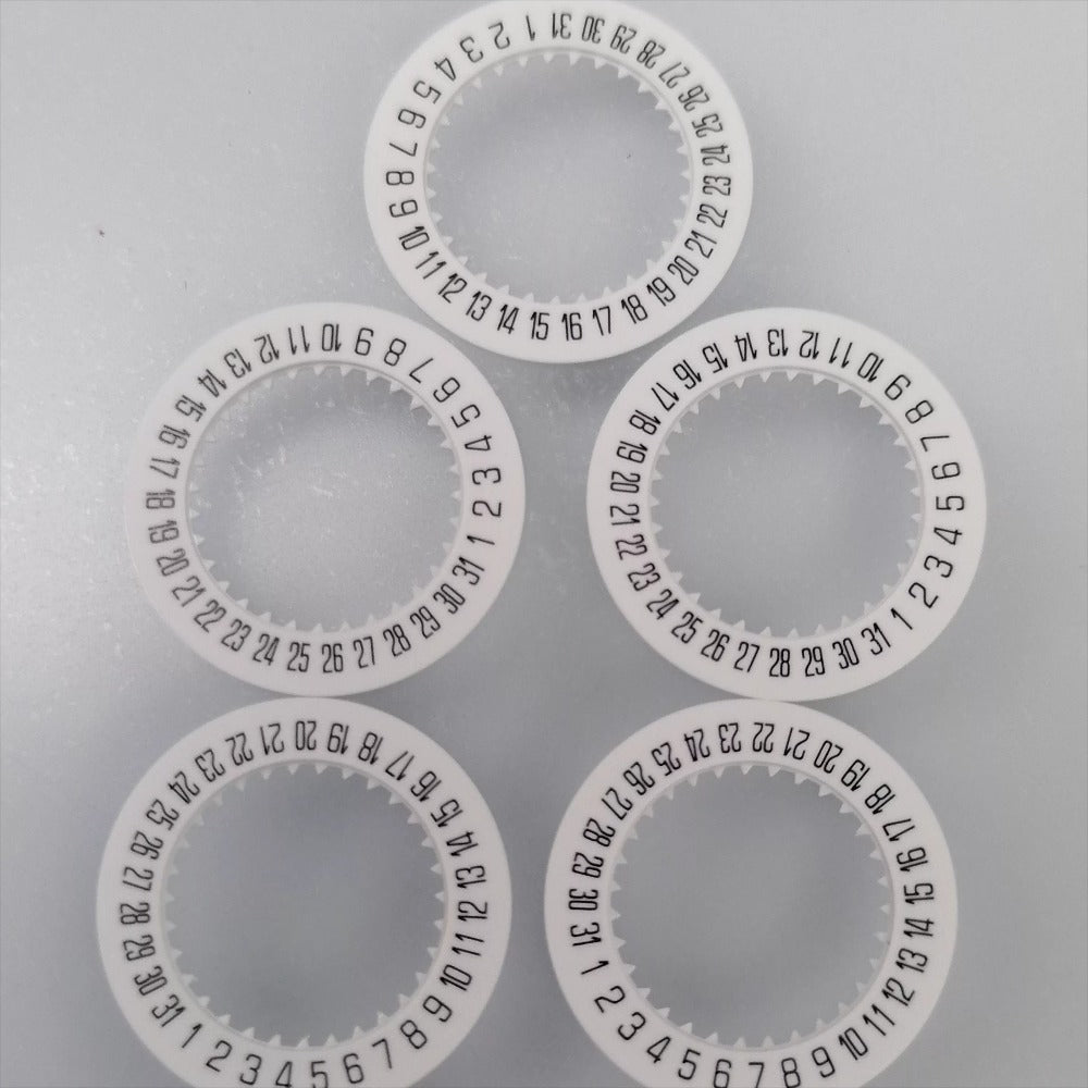 Set of 3 white date disk wheels for Miyota 6T15/6T51 watch movements, date at 6 o'clock.