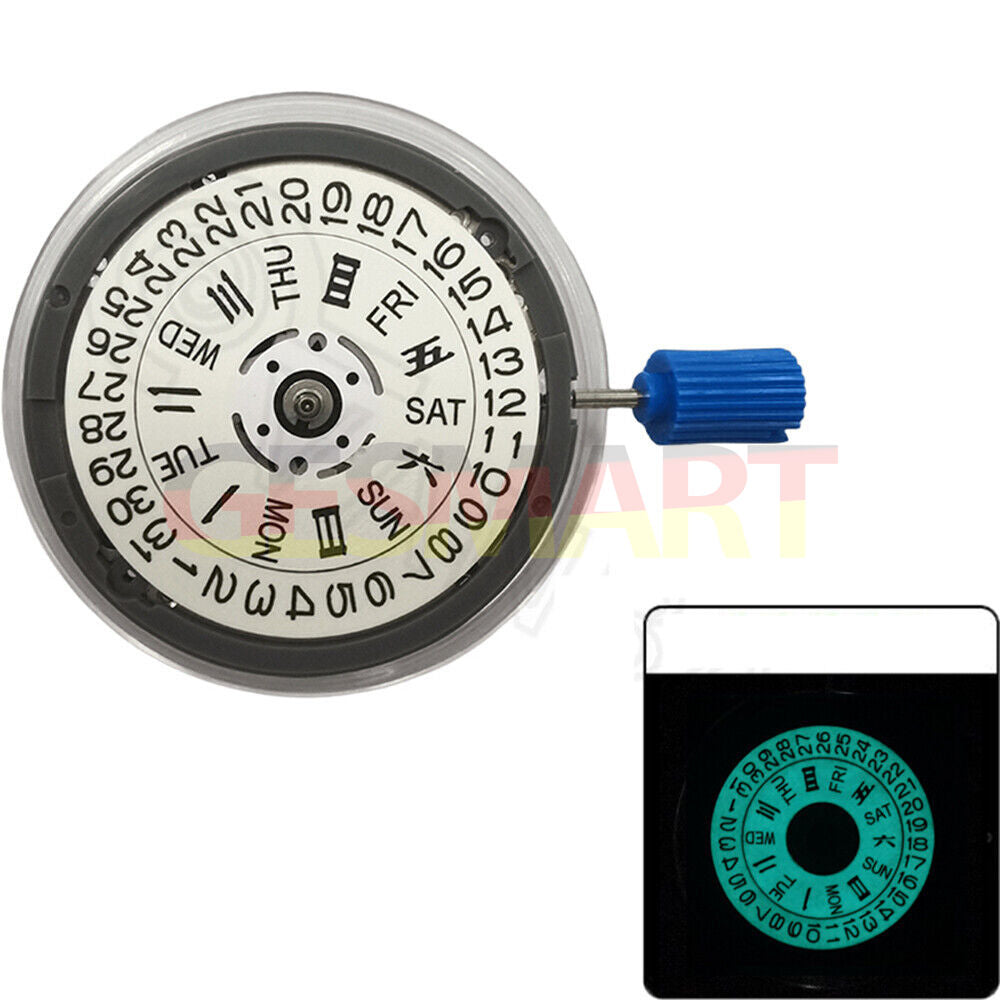 Miyota NH36A watch movement featuring white automatic mechanical parts with blue lume and dual crown positions for precision.