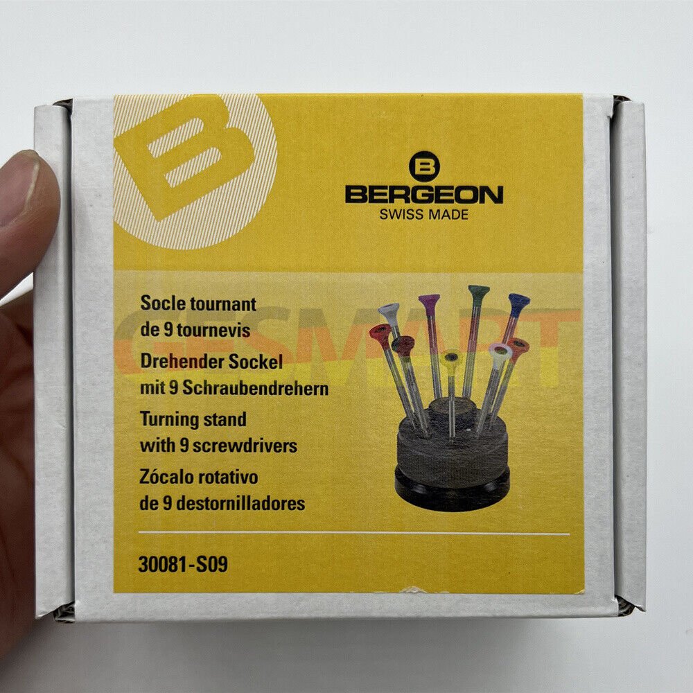 Bergeon 30081-S09 ergonomic 9-piece watchmakers screwdriver set for precision watch repair.