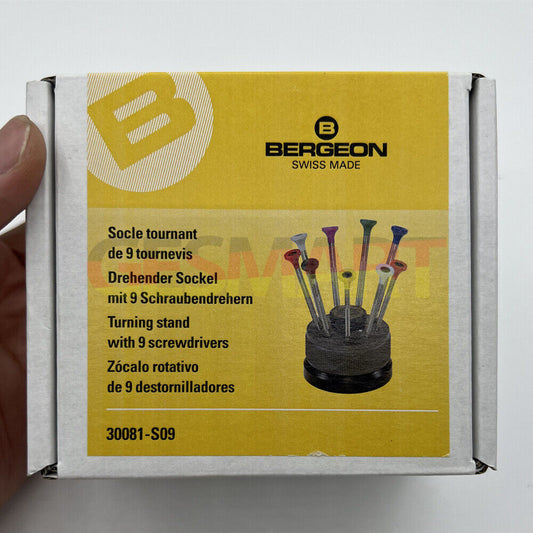 Bergeon 30081-S09 ergonomic 9-piece watchmakers screwdriver set for precision watch repair.