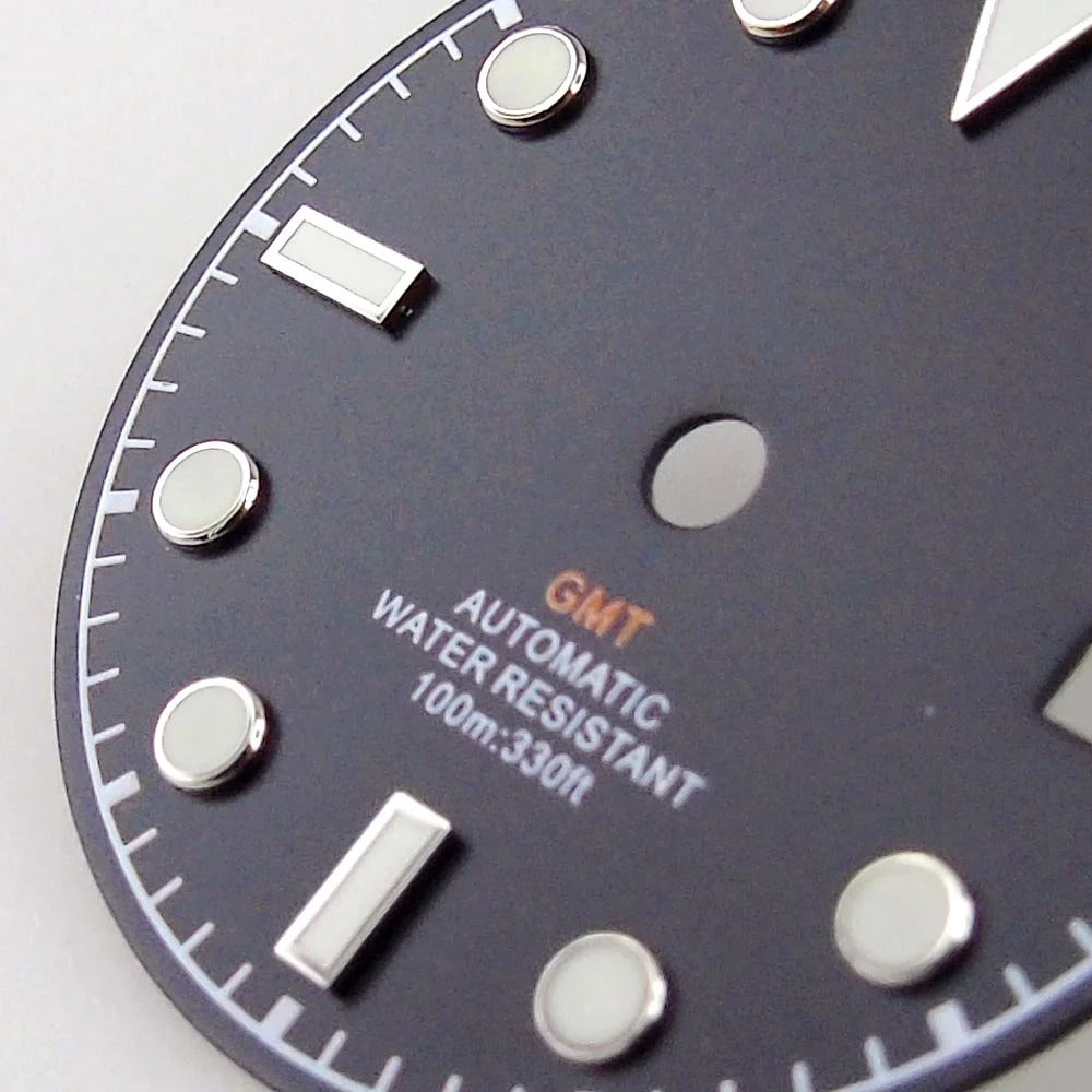 3/3.8 clock Nologo NH34 watch dial, 29mm white and blue steel plate with green luminous snowflake hand for GMT mod