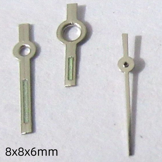 8mm silver trim green lume watch hands set by Miyota for 2035 2115 2105 movements.